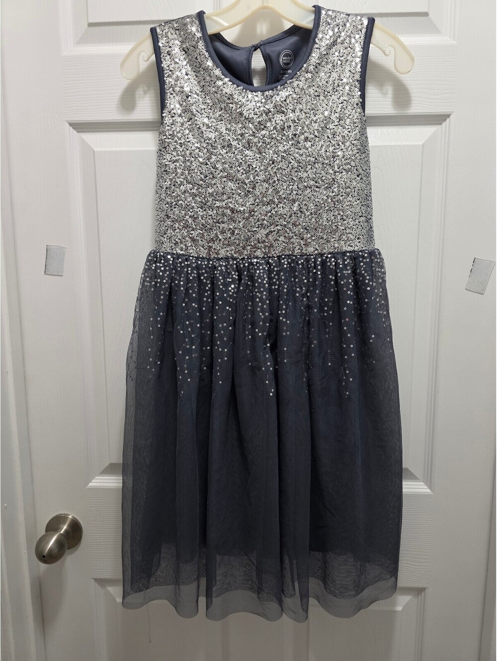 Wonder Nation Girls' Silver Sequin and Navy Tulle Dress XL (14-16)